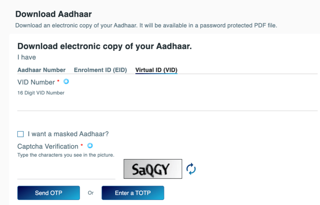 e aadhar download using vid