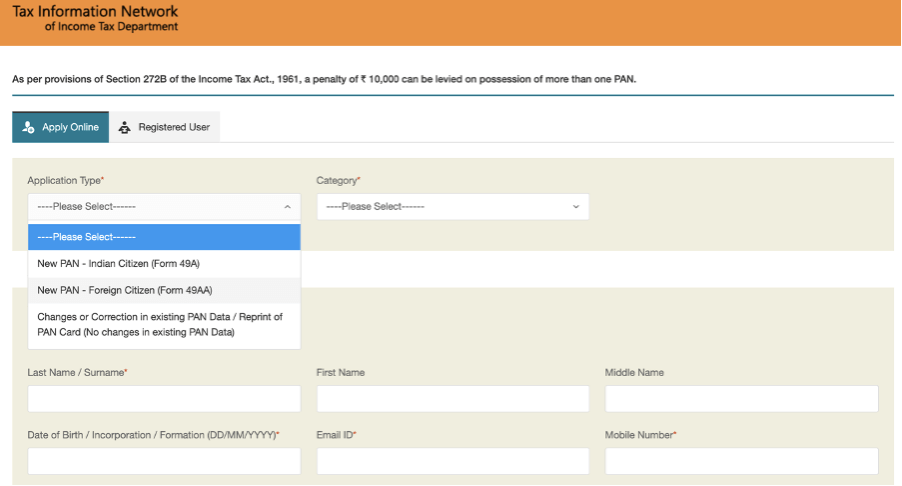 pan card apply online