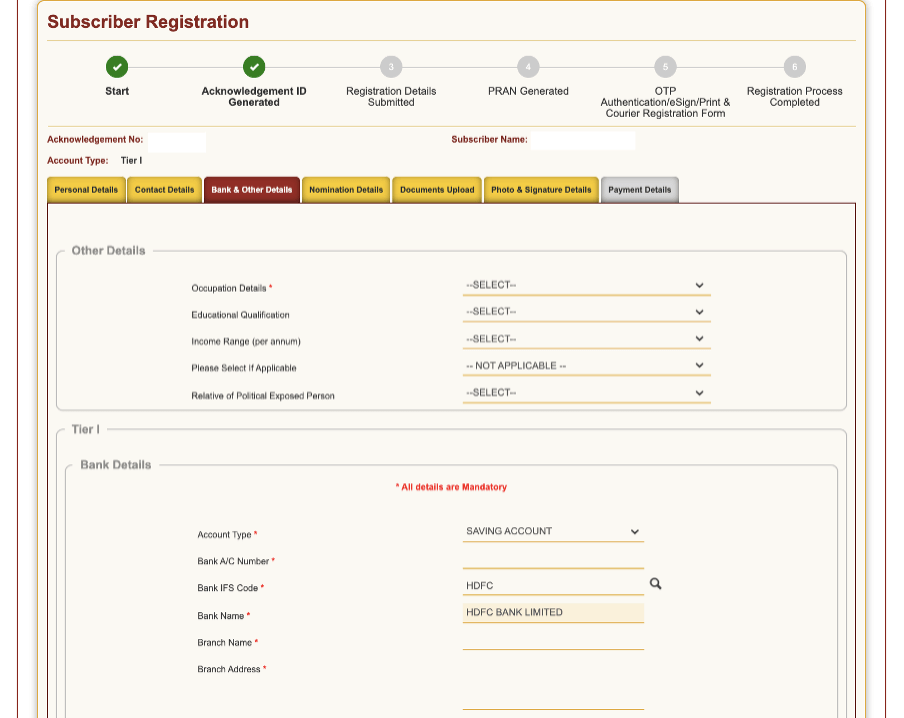 subscriber registration bank details